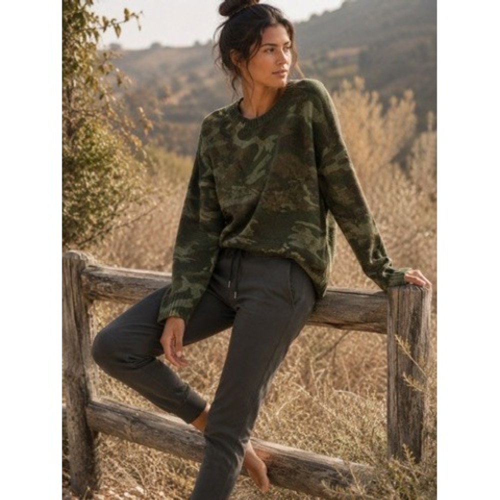 Rails Perci 100% Wool Camo Crewneck Sweater Green Jungle Camo Large L